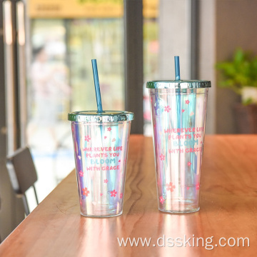 Laser paper printed double plastic cup magic color cup with lid and straw